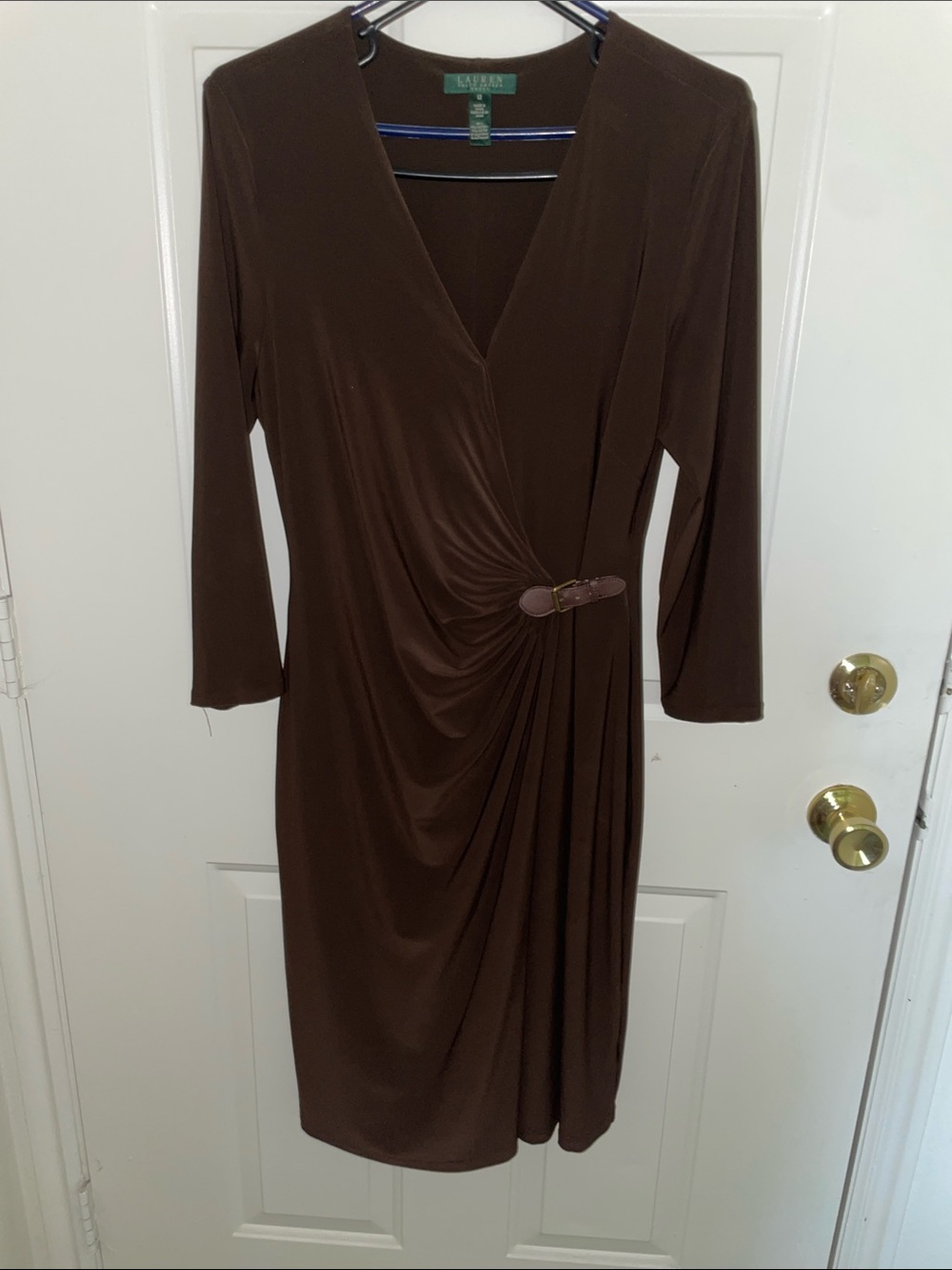 Ralph Lauren Chocolate Brown Wrap Midi Dress with Side Buckle